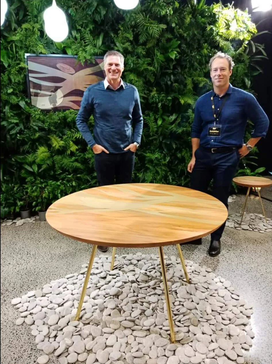 Maker Andrew Davies from Treology from Christchurch with Michael Pollard.